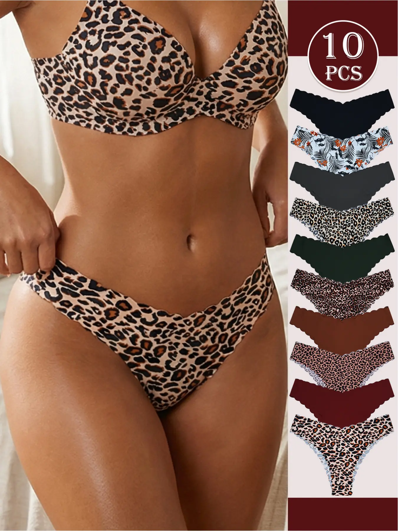10 Pack Seamless Women's Underwear Maillard Color Leaf Print Bikini Panties Breathable Quick Dry Lightweight for Yoga Gym Workout and Daily Wear Multipack Value Set
