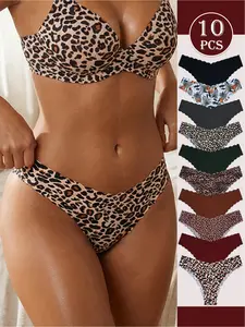 10 Pack Seamless Women's Underwear Maillard Color Leaf Print Bikini Panties Breathable Quick Dry Lightweight for Yoga Gym Workout and Daily Wear Multipack Value Set