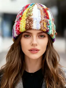Autumn Winter Warm Handmade Knitted Hat, Mixed Color Striped Design, Fitted Asymmetrical Style, Casual Fall & Winter Beanie