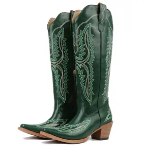 Cowboy Boots for Women Knee High Cowgirl Boots Pointed Toe Chunky Heel Western Boots,Retro Country Boots,Vintage Tall Boots