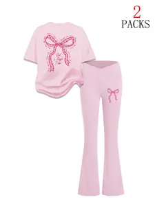 Women's Casual Round Neck Bow Print T-Shirt Set, Street Style Fashion Comfortable for Spring Summer Daily Wear