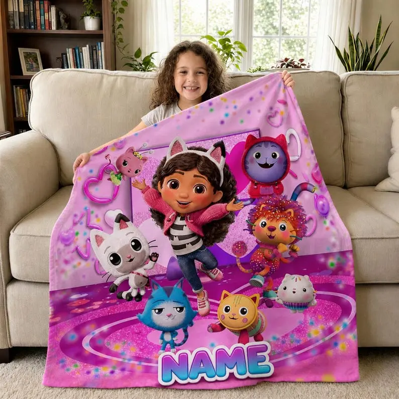 Personalized Kids Gabby’s DH Cartoon Blanket, Custom Name Soft Fleece Throw for Girls, Cute Cat Character Print, Cozy Kids Bedroom Decor, Gift