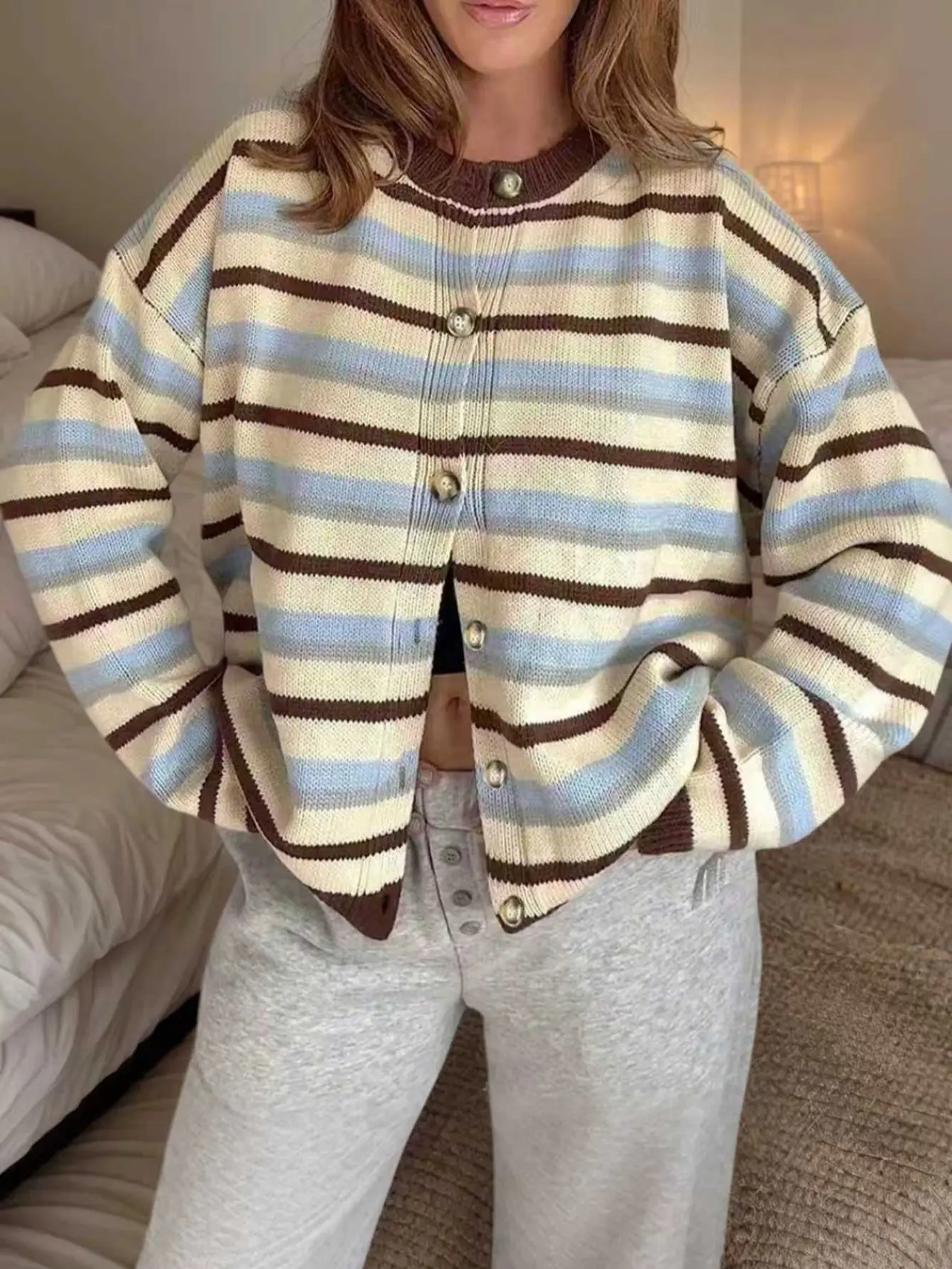 Women's Striped Knit Cardigan Sweater, Crew Neck Button Front Long Sleeve Top with Drop Shoulders, Relaxed Fit Casual Layering