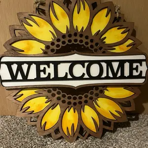 18” Sunflower welcome sign Decor Door Wood