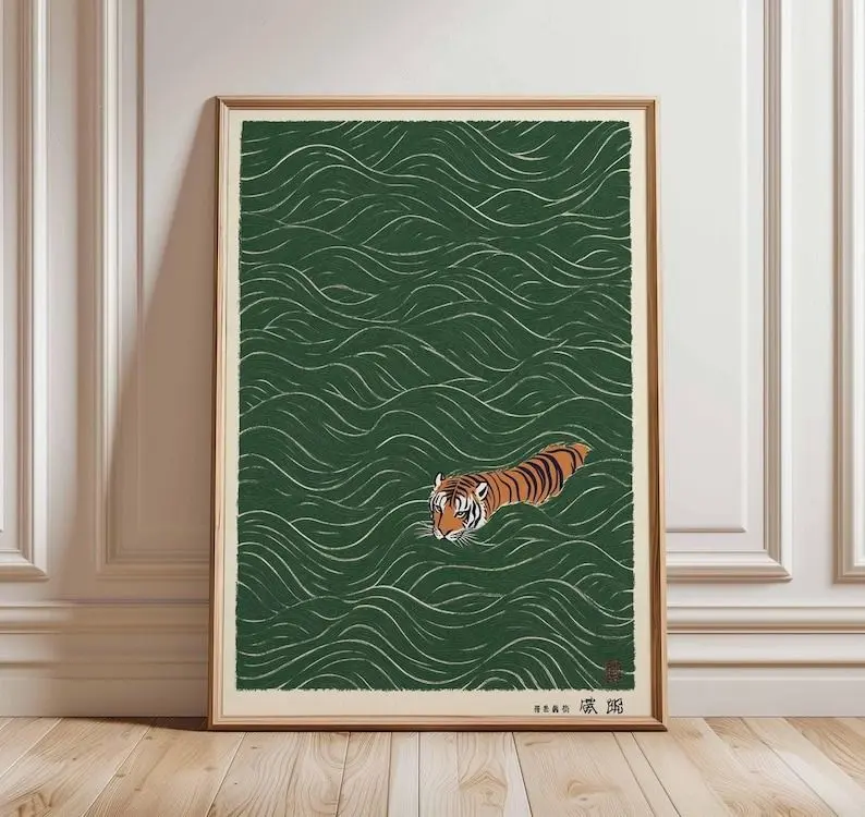 Vintage Ukiyo-e Style Japanese Tiger Swimming Print Poster - Minimalist Asian Animal Wall Art, Photo Paper with Mount Option for Artistic Room Decoration Home Supplies
