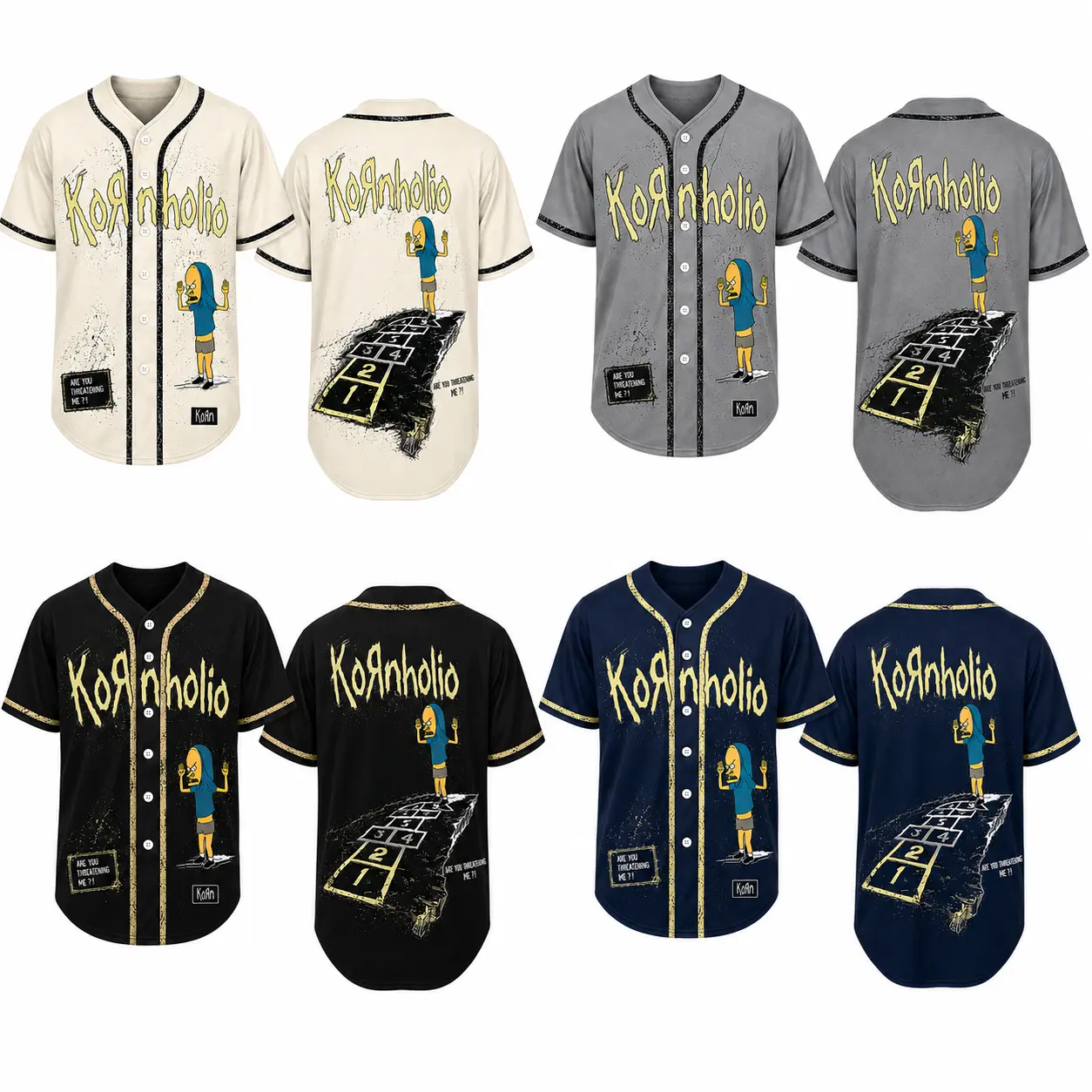 Kornholio Beavis and Butt-Head x Korn Band Crossover Baseball Jersey - 'Are You Threatening Me?' Great Cornholio Hopscotch Graphic Button-Down Shirt for 90s Nu Metal & Music TV Nostalgia Fans