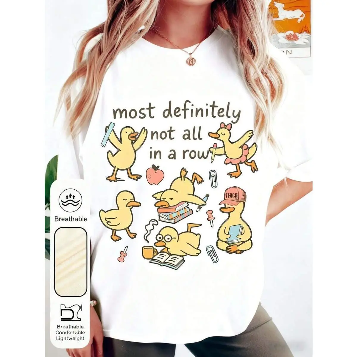 Women'sShort Sleeve Graphic Tee With 'Most Definitely Not All In A Row' Funny Duck Doodle Print,Women's Cute Duck And "Row Of Ducks" Slogan T-Shirt - Yellow Short Sleeve Round Neck Top With Themed Duck - Breathable Summer Spring Casual Wear,