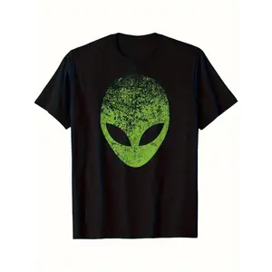 Men'S Alien Head Pattern T-Shirt - Black with Neon Green Alien Face, 51st Area Roswell UFO Propulsion Theory Shirt - Essential for Science Fiction and Comic Conventions - Casual Style, Retro Print Top, Comfortable Fit-DK.X