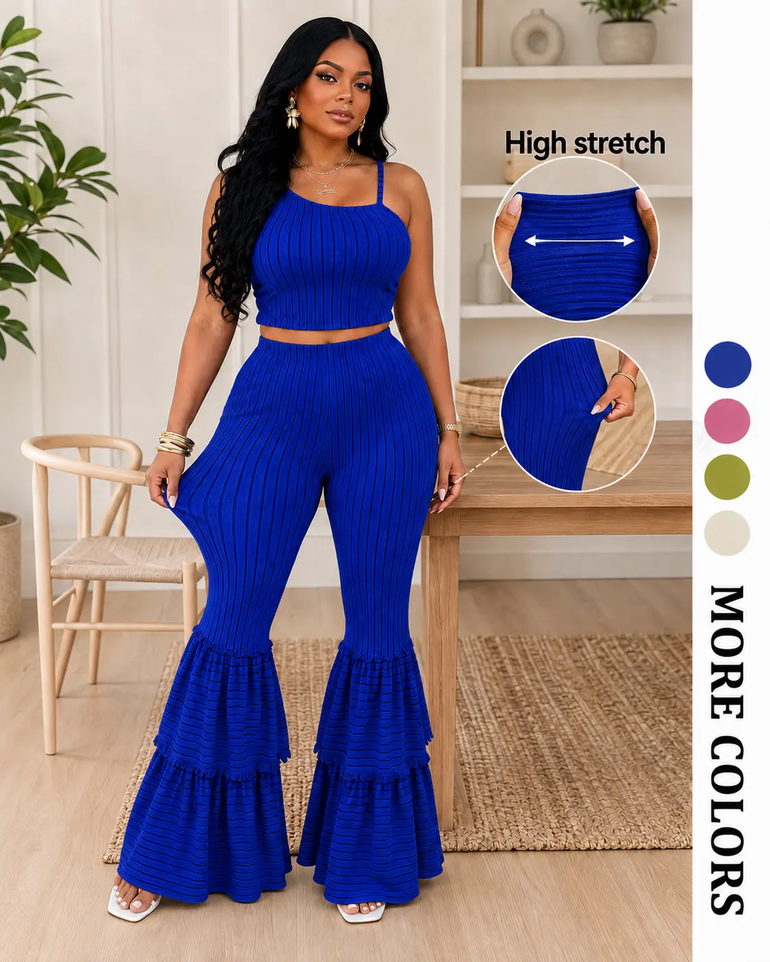 Women's 2-Piece Striped Coordinates Set - Chic, Lightweight, Basic, Comfortable Sleeveless Cropped Top with High-Waisted Double-Layer Ruffle Flare Pants for Summer Vacation, Going Out, Short, Women's 2 Piece Set, Matching, Casual, 2 Piece Sets