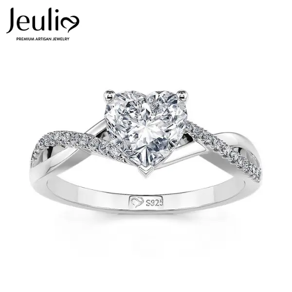 Jeulia Heart Cut Moissanite Engagement Ring for Women, D Color VVS1, 925 Sterling Silver Twist Pave Band, Bridal Wedding Ring