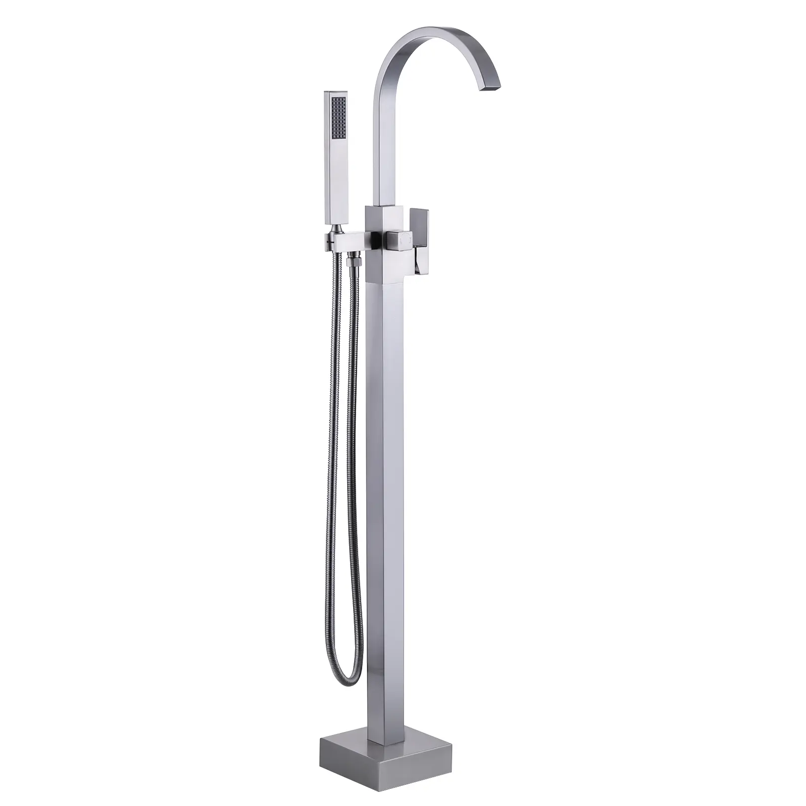 WOWOW Brass Floor-Mount Freestanding Bathtub Faucet - Single-Handle High-Arc Waterfall Faucet with Swivel Rainfall Handheld Shower, High-Flow, Brushed Nickel, Stainless Steel Construction, High Arc Faucet