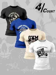 Men's 4-piece gym workout T-shirt set, Barbell&"NO PAI NO GAIN" pattern screen printed clothing, ideal for gym training, weightlifting, and casual wear, durable and eye-catching print suitable for fitness enthusiasts, Gym Workout Tops