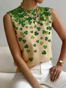 Women's Clover Print Small Collar Knitted Sweater, Casual Sleeveless Fitted Knitwear Vests for Autumn Winter, Comfortable Versatile Top for All Seasons
