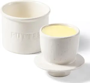 Ceramic Butter Crock with Lid – French Butter Dish for Countertop, Spreadable Butter Keeper with Water Seal, Kitchen Container & Housewarming Gift, Speckled White