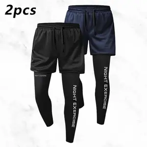 Night Exercise Men's Two-Piece Sports Set with Trendy Athletic Style Mesh Shorts & Compression Fit Tights for Gym Workouts Running Training