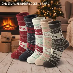 5 Pairs Womens Wool Socks Winter Warm Vintage Nordic Elk Pattern Knit Crew Socks Soft Thick Cabin Hosiery Gift Set