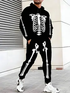 Fall outfits,Men's Skull Graphic Hoodie Set, with Skeleton Design, Dark Trendy Style for Halloween Streetwear & Theme Parties