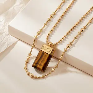 Tiger Eye Pendant Necklace & Four Leaf Clover Beaded Chain Set - 2-Piece Gold Plated Jewelry Set for Women, Lucky Wealth Protection Necklace with Infinity Charm, Stackable Layering Everyday Gift for Her