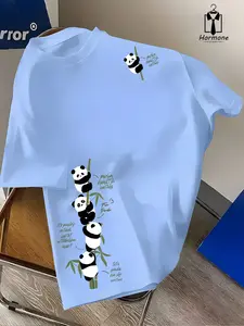 Adorable Panda Short Sleeve Fashion, Unisex Daily Wear, Casual Long Fit, All-Season Letters Pattern, Versatile Clothing for Men and Women