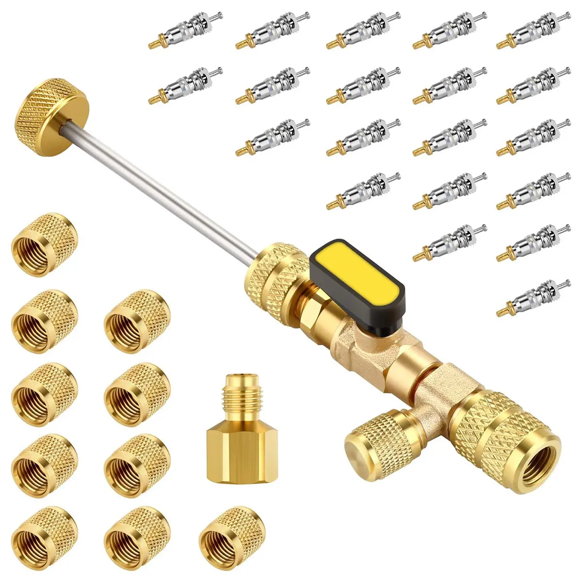 Valve Core Remover Installer Tool with Dual Size SAE 1/4 & 5/16 Port, 20 PCS Valve Cores with Teflon Seal and 10 PCS Brass Nuts, Compatible with R22 R12 R407 R410 R404 R32 R600 A/C