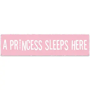 A Princess Sleeps Here Orchid Pink Street Sign Vintage Metal Tin Sign Girl's Room Decor 4x16 inch Wall Art Iron Poster for Home Farmhouse Bar Cafe Garage Indoor Outdoor