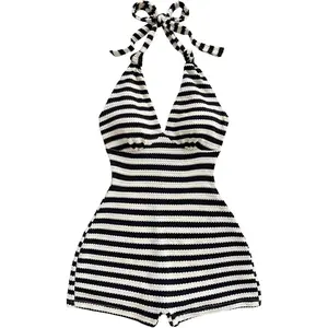 Milumia Women's Stripd Knit Halter Romper Tie Open Back Sleeveless Summer Vacation Rompers