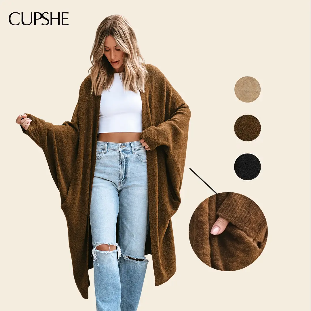 CUPSHE Cardigan Sweaters For Women, Loose Fitting Longline Cardigan, Open Front Nylon Duster Sweater with Dolman Sleeves, Viscose Lightweight Layering Top, Casual Fall Travel Wear, Machine Washable, #tiktokshopbacktoschool