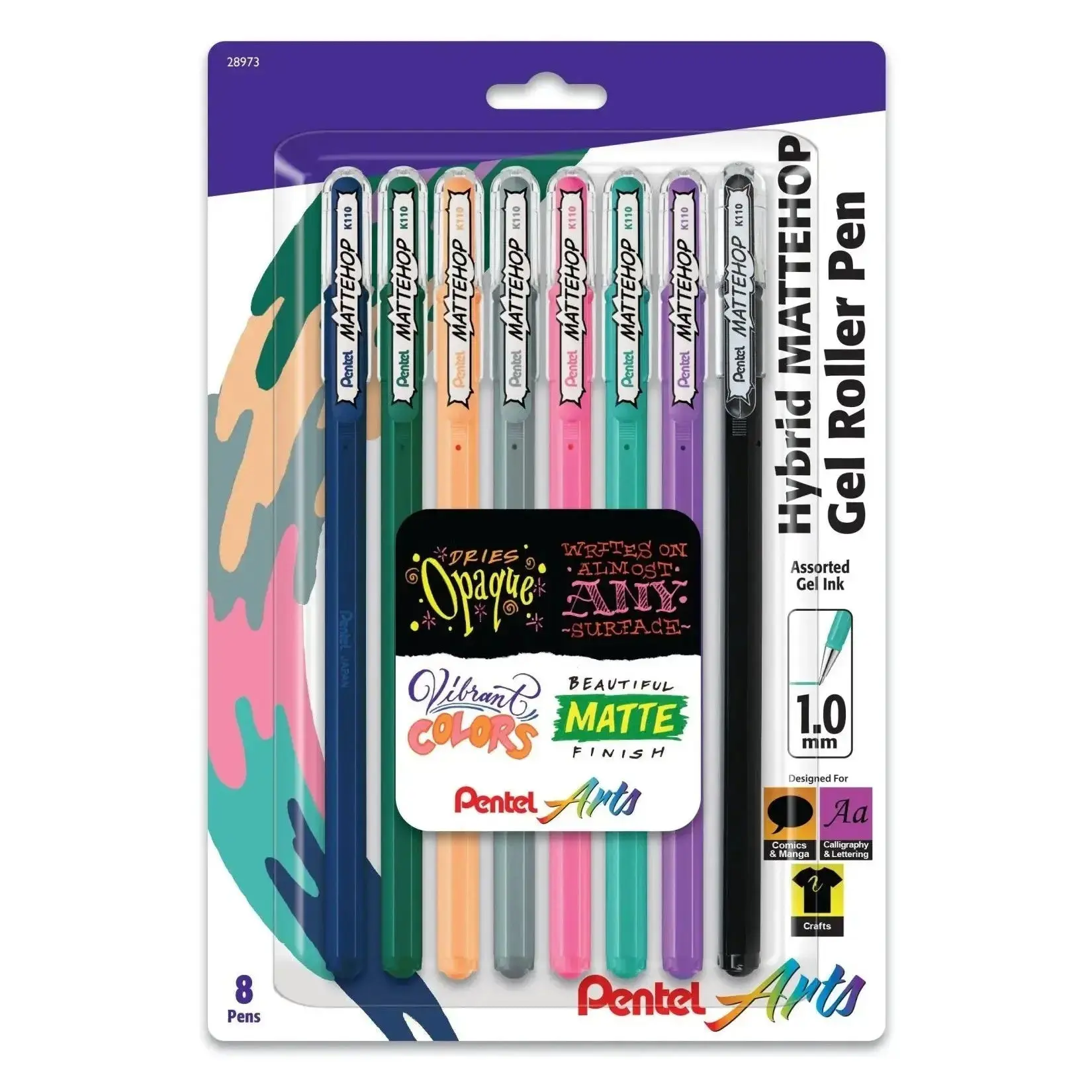 Pentel Arts Hybrid MATTEHOP Gel Roller, 1.0mm, NEW Assorted Colors, 8-Pk