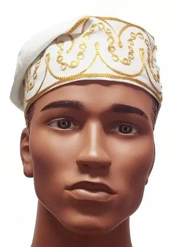 Off White African Cotton Kufi Hat with Gold Embroidery-DPH3842 | African Fashion | Dupsie's
