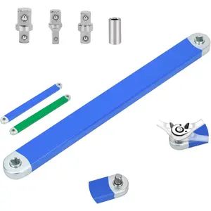 Offset Extension Wrench Set, 15-Inch Impact-Ready Tool with 1/4", 3/8", and 1/2" Square Drive Adapters Plus 1/4'' Drive Socket, Zero Degree Ratchet  Tight Spaces and Automotive Use (Blue)