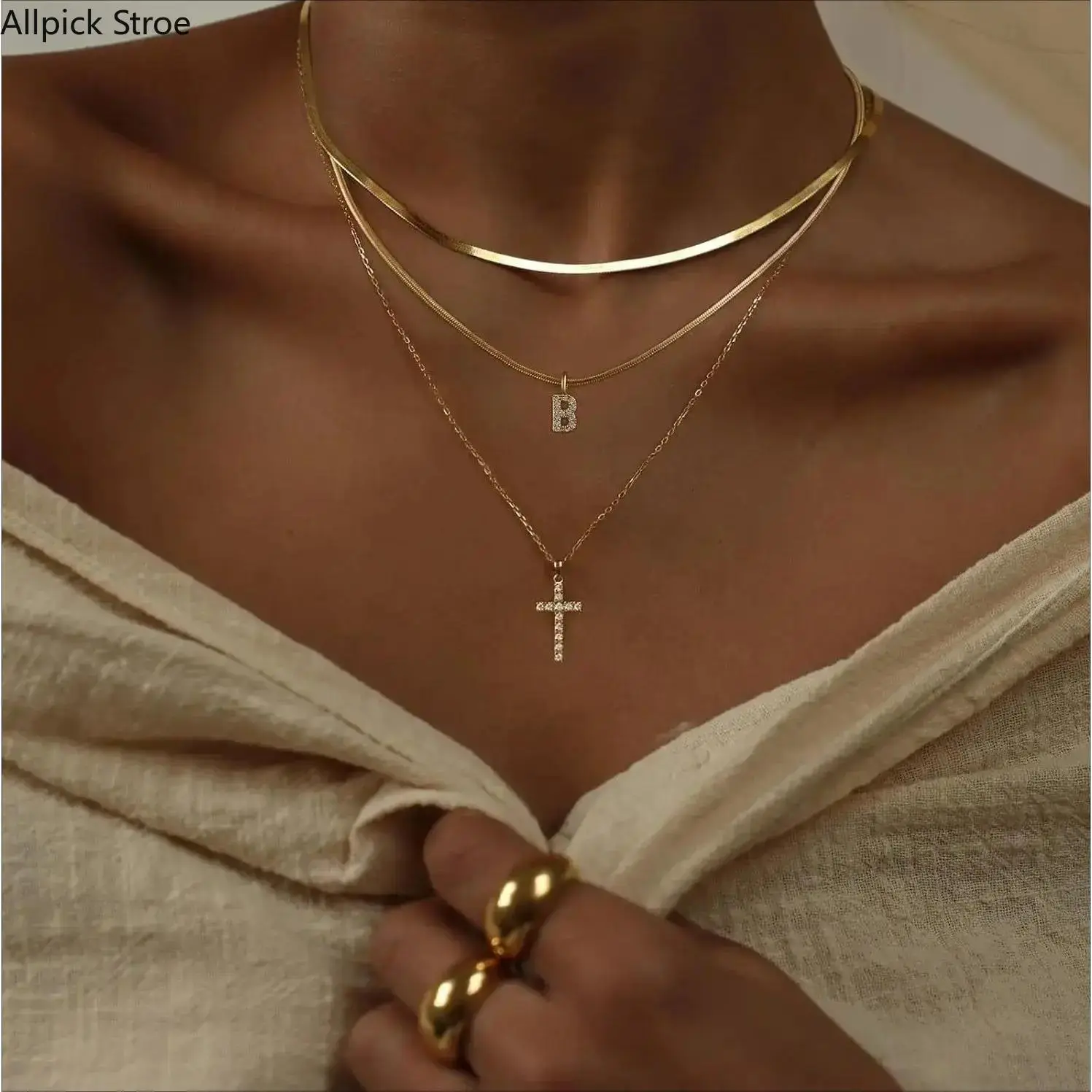 14K Gold Plated Layered Initial Necklace for Women, Dainty Stackable Chain with CZ Cross and Safety Pin Pendant, Trendy Y2K Aesthetic Jewelry for Daily Wear, Parties, Vacation, Streetwear and Birthday Gifts for Her