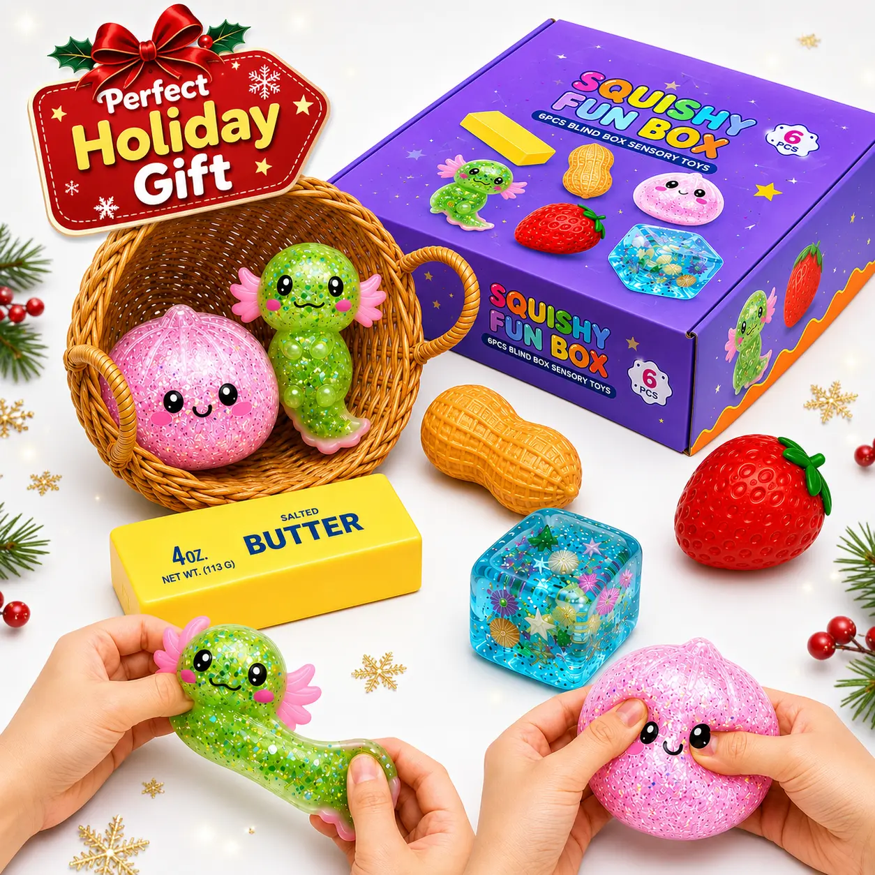 6Pcs Maltose Squishy Stress Relief Toy Set, Glitter Dumpling Sensory Squeeze Toys, Slow-Rising Soft Jelly Fidget Toys, 6 Different Styles, Creative Party Favors & Gifts, Mid-Year Sale