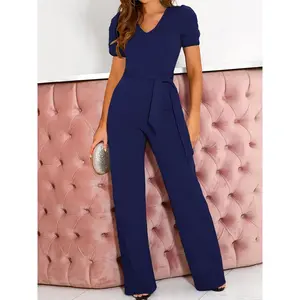 Women’s V-neck short-sleeve jumpsuit with cinched waist and wide-leg slim-fit high-waisted design, suitable for all seasons; women’s clothing GARMENTARY
