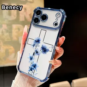 Floral Cross Elegance Pattern Phone Case Suitable for iPhone 17 Pro Max 16 15 Plus Air 14 13 12 11 E Four Corner Air Cushion Anti Drop Transparent Full Coverage Cover
