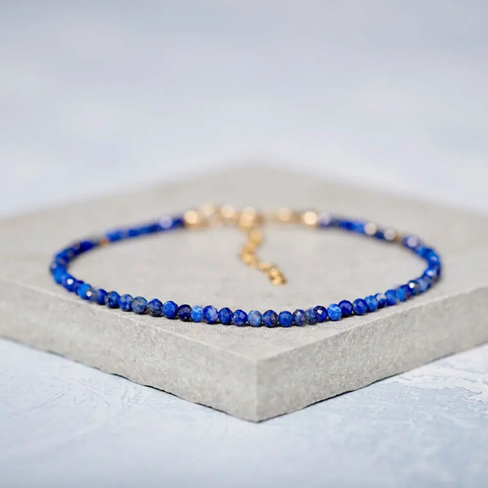 Women's Minimalist Natural Lapis Lazuli Crystal Bracelet, 3mm Tiny Stone Beads, Gold-Plated Chain, Chakra Healing Crystal Jewelry Gift