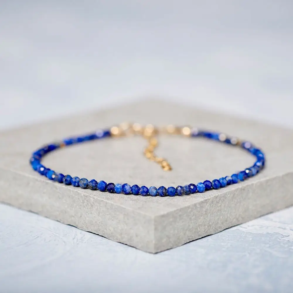 Natural Lapis Lazuli Stone 3mm Tiny Beads Crystal Healing Charka Crystal Dainty Gold-Plated Chain Minimalist Bracelet Gift for Women
