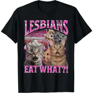 100% Cotton Lesbians Eat What?! Funny Cat Gay Pride LGBTQ Pun T-Shirt1Chensshop
