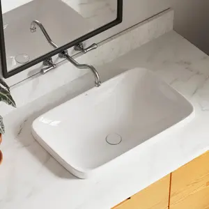 24" x 15" Rectangular Drop-In Bathroom Sink, Large Semi-Recessed White Ceramic Vessel Sink with Pop-Up Drain, No Overflow, Spacious Above Counter Basin for Modern Bathrooms, Durable, Easy Maintenance, Quick Installation