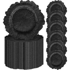 7/11/21/31 Pcs Black Charger Plates Bulk Disposable Dinner Plates 13 Inch Plastic Plate Chargers with Floral Reef Design Round Ruffled Rim Dinner Floral Decorative Plates for Dinner Wedding Party Event Table Setting Decoration