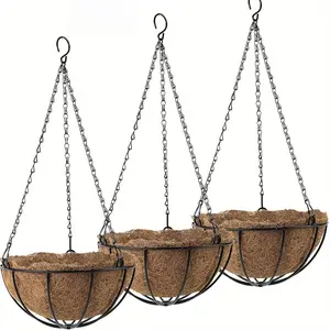 3-Piece Hanging Flower Pot Basket Set, Rust-Resistant Metal Chain and 10inch Coconut Mats, Perfect for Indoor and Outdoor Gardens, Porch and Balcony Decoration