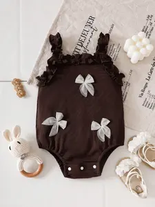 Baby Girl Summer Korean Style Cute Car Ruffle Romper, Multiple Butterfly Knots, Striped Jumpsuit, Adorable for Infants