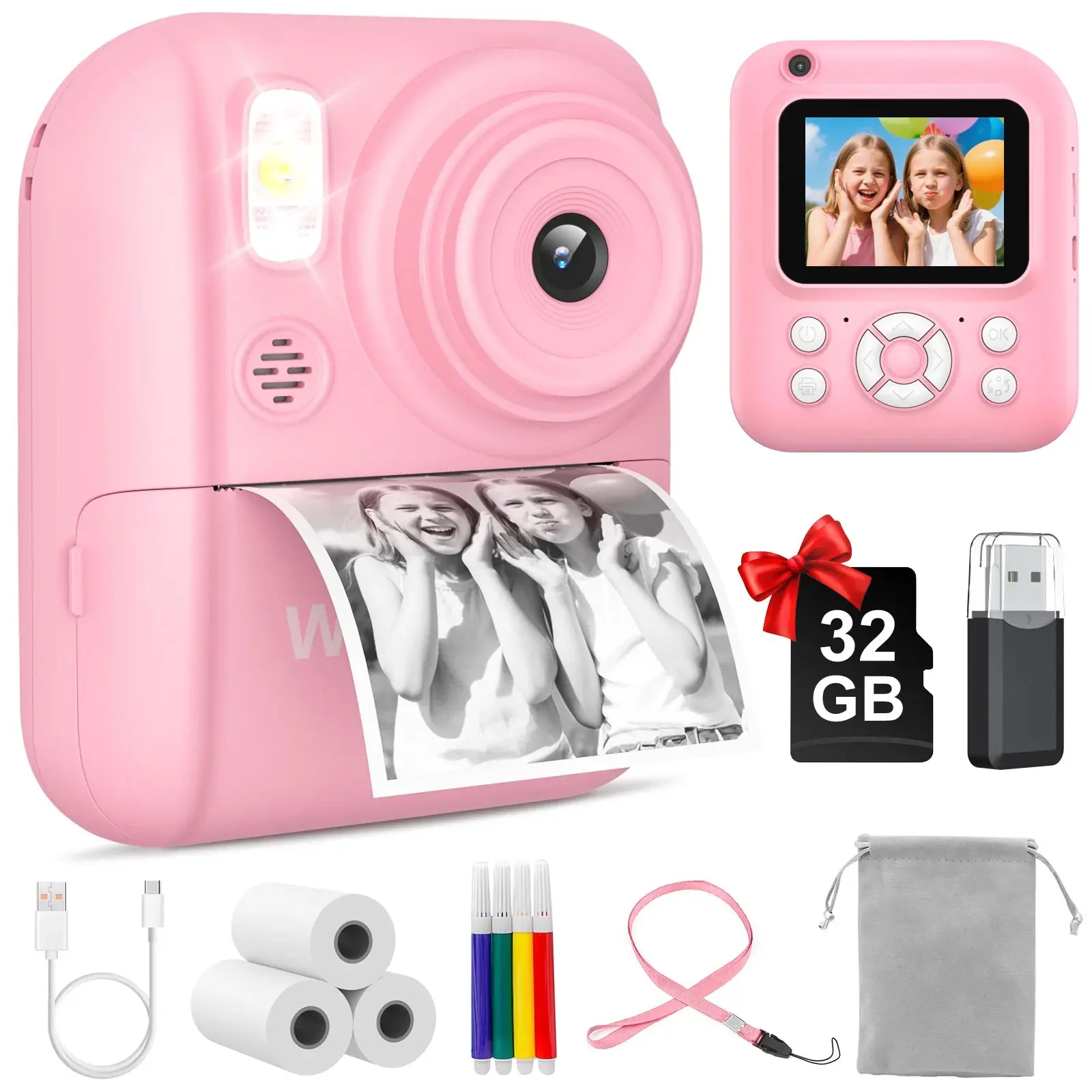 W&O Kids Instant Print Camera | Digital Camera with B&W Photo Printer, Dual Lens, 32GB Card & 3 Paper Rolls