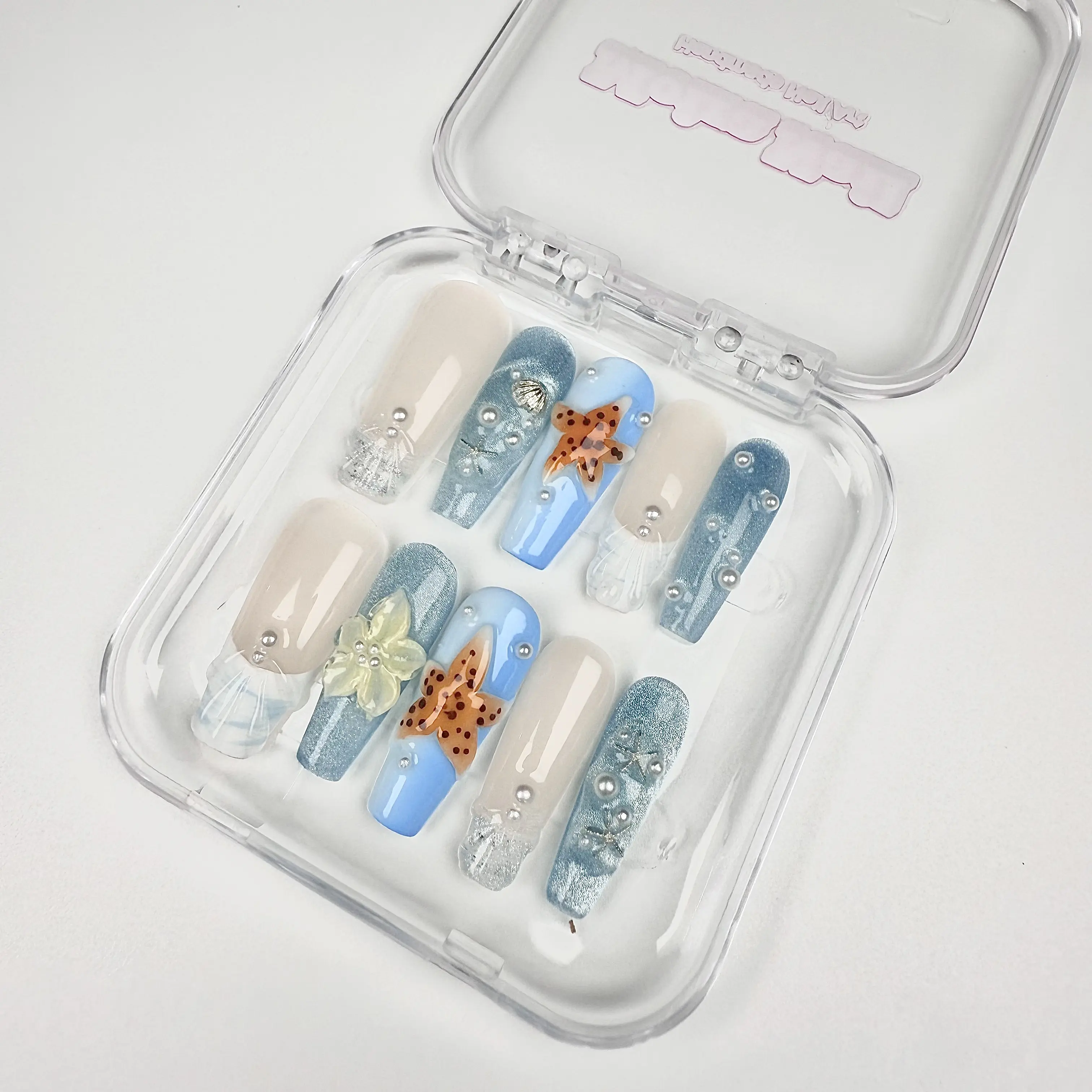 Blue & Nude Beach Press On Nails – Long Coffin, Starfish & Pearl Charms, Seashell Accents (Handmade, 10pcs)