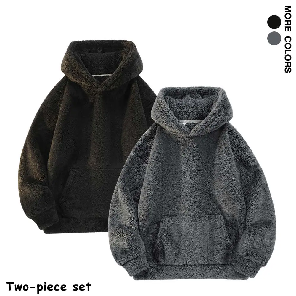 Men's 2-Pack Loose Oversized Fuzzy Plush Long Sleeve Tops with Attached Hood, Polyester Casual Streetwear SohoChic Aesthetic Fall Winter Loungewear Pullover Men's Hoodies with Pockets