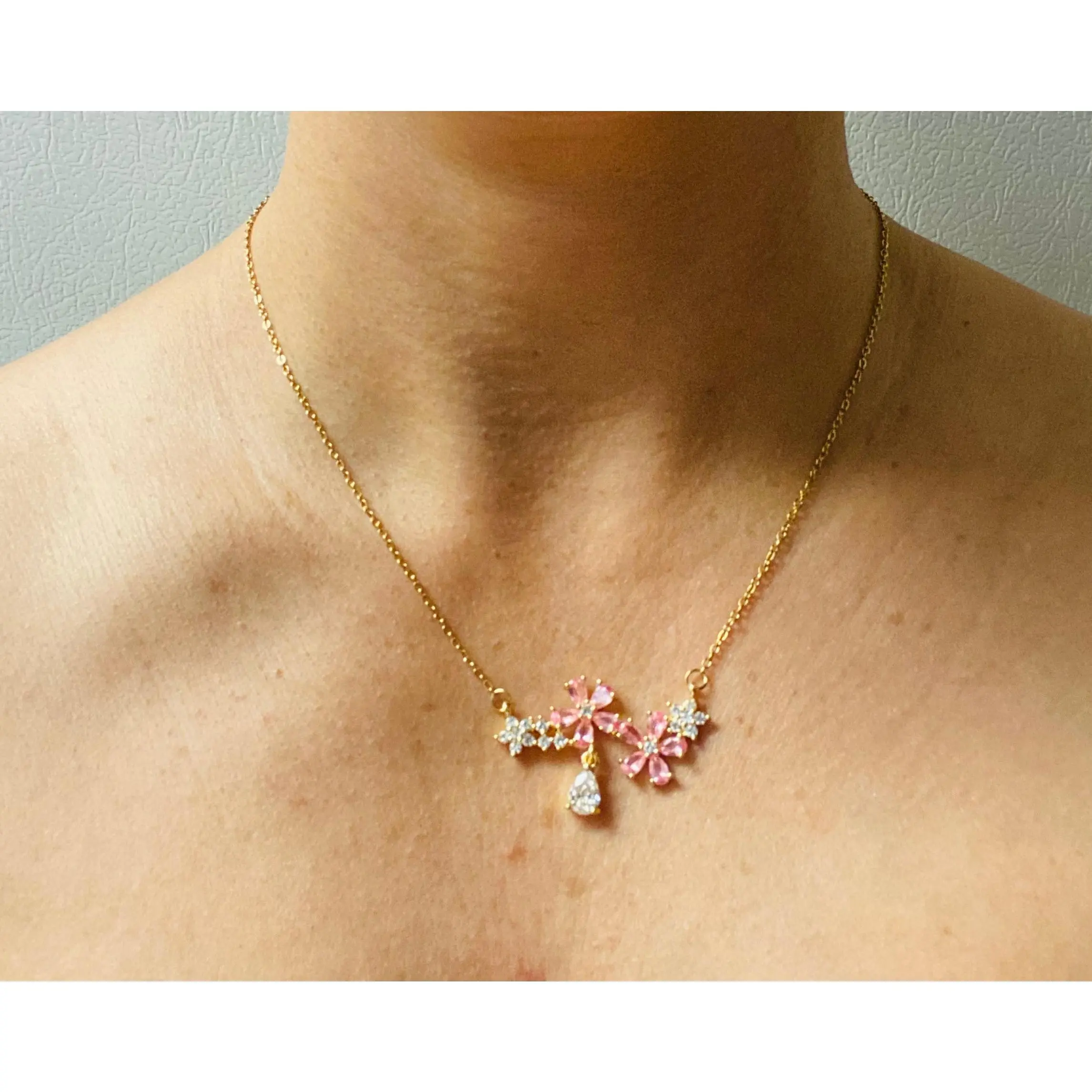 Crystal Pink Flowers Necklace 18k Gold Plated