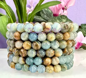 Wholesale 6 Pcs Natural Aquatine Lemurian Calcite 7-8mm 7.5” Crystal Healing Stretch Bracelet