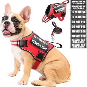 No Pull&Adjustable Reflective Dog Harness with Soft Padded Handle for Training/Everyday, Service Dog Vest Harness and Leash Set+10 Patches, Fit Small/Medium/Large/Extra-Large Dogs(Red M)
