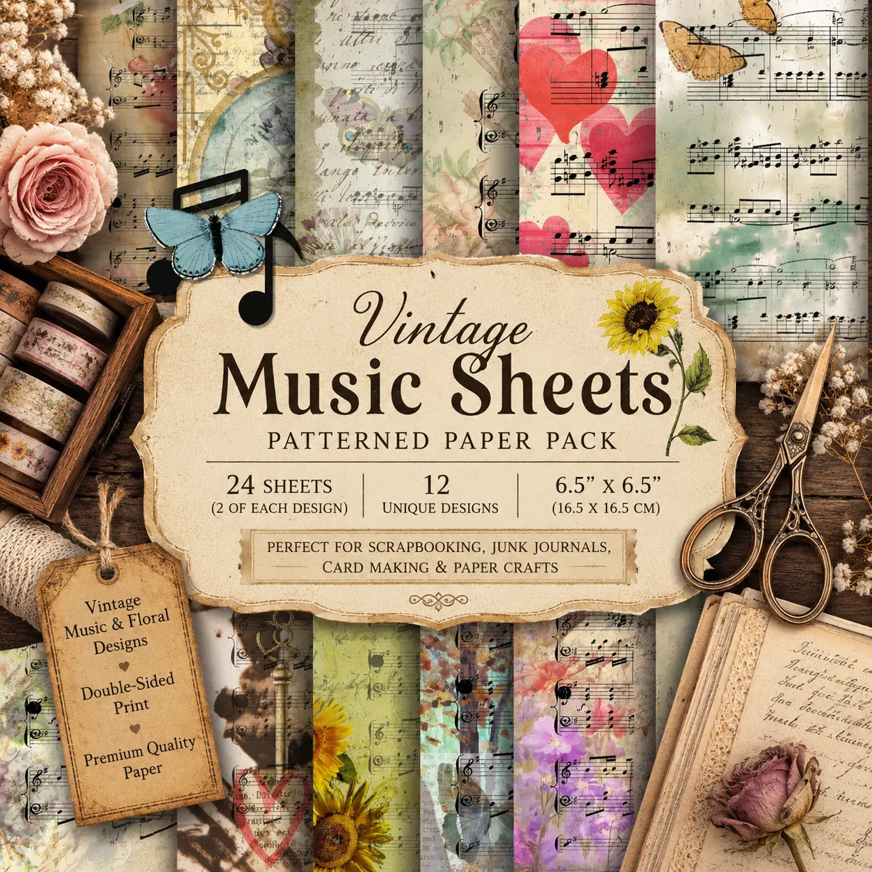 Vintage Music Scrapbook Paper Pad | 24 Single-Sided Sheets | 12 Designs | 6.5" x 6.5" | Junk Journal, Card Making & Paper Crafts