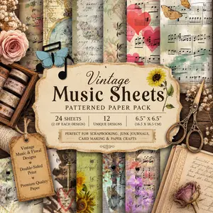 Vintage Music Scrapbook Paper Pad | 24 Single-Sided Sheets | 12 Designs | 6.5" x 6.5" | Junk Journal, Card Making & Paper Crafts