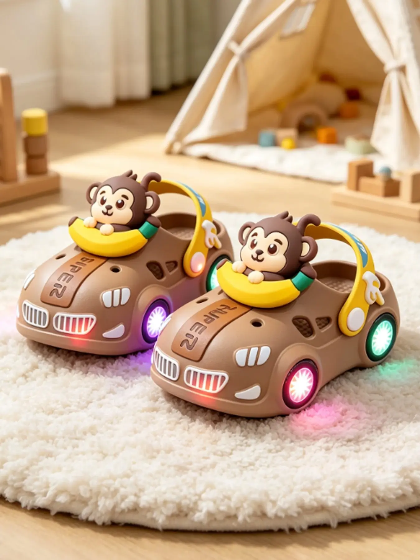 Summer Kids Cartoon Banana Monkey and Glowing Car Style Slippers, Fun Unisex Slippers with Non-Slip Soft Sole, Cute PVC Material, Below-Ankle Height